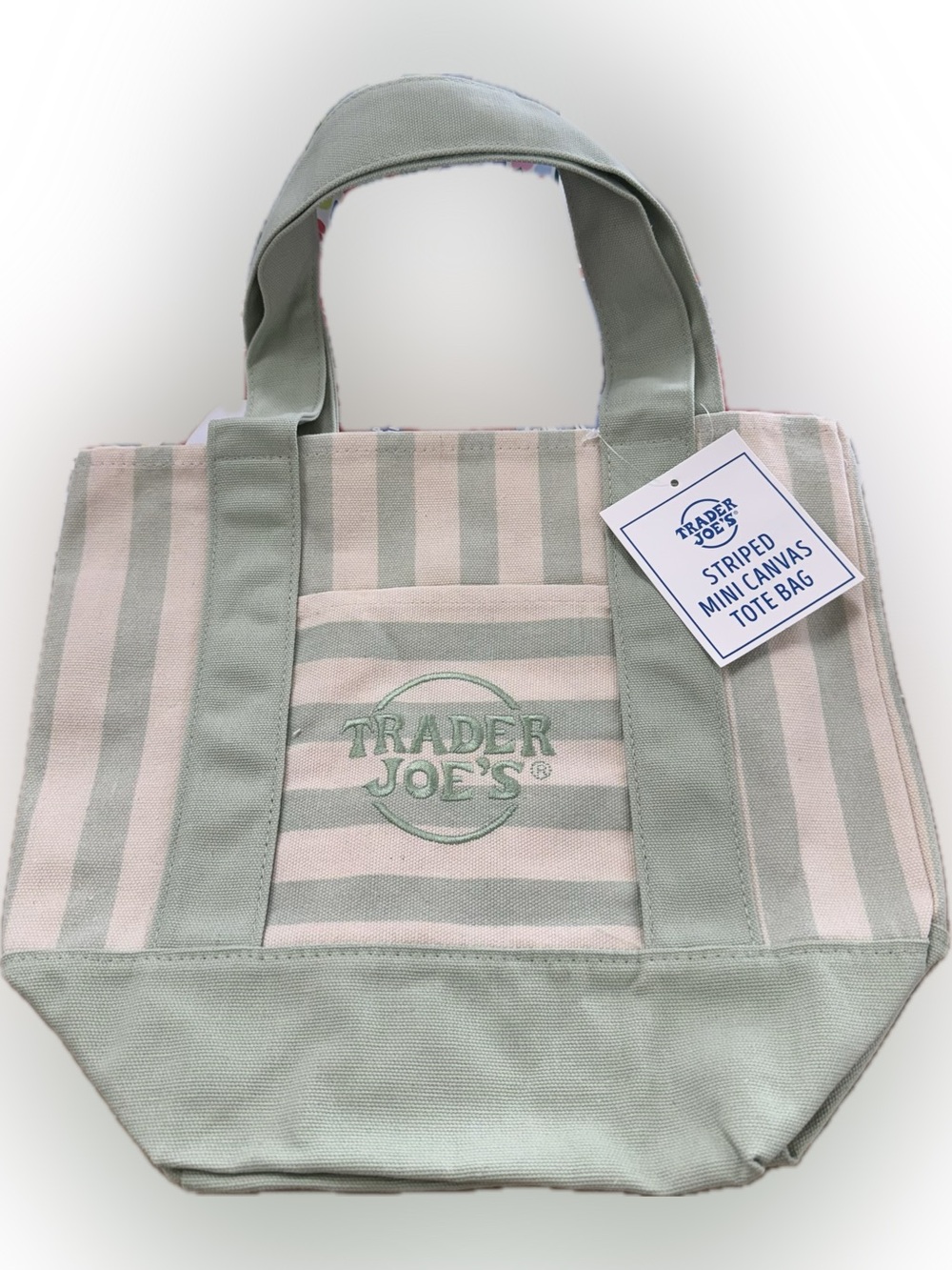 ❗️JUST DROPPED❗️Trader Joe's  Striped Mini Canvas Tote Bag - Sage & Cream